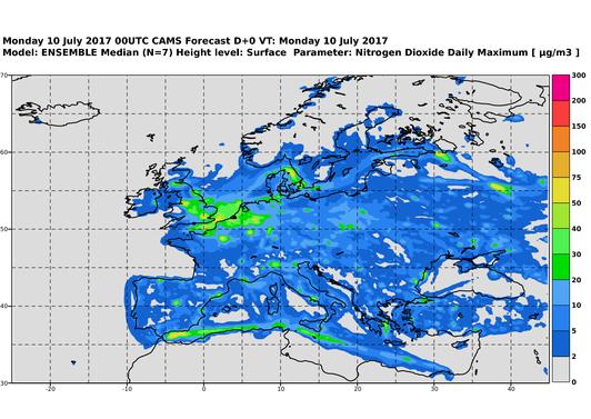 3.2 Previsioni NO2 massimo giornaliero CAMS Ensemble Le previsioni di NO2 a grande scala sono ad opera del Programma Copernicus, un