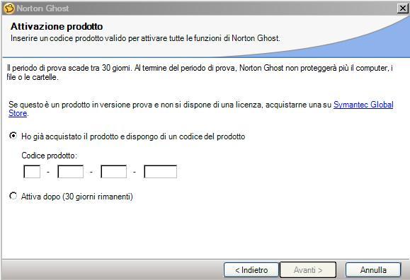 funzioni di Norton Ghost Qui la scelta,accettare l ozione inserendo il segno si punta, per prova di 30 giorni,oppure se