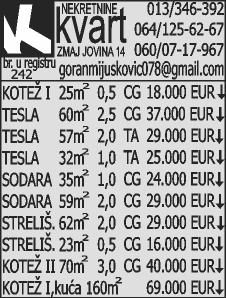 (22015) СТРЕЛИШТЕ, трособан, 74 м 2, ЦГ, IV, 34.000. (188), UnaDalli, 064/255-87-50. (22015) СОДАРА, трособан, 62 м 2, III, 39.000. (188), UnaDalli, 064/255-87- 50.