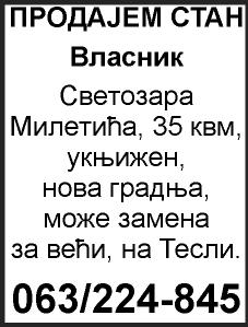 ДВОСОБАН, Котеж 2, два ве-цеа, 68 + 6 м 2, 40.000 евра, договор. (470), Дива, 345-534, 064/246-05-71. (и). ДВОСОБАН, I спрат, реновиран, ЕГ, Доњи град, 25.000 евра. (470), Дива, 345-534, 064/246-05-71. (и). ПРОДАЈЕМ двособан стан, 64 м 2, други спрат, Котеж 2, ЦГ.