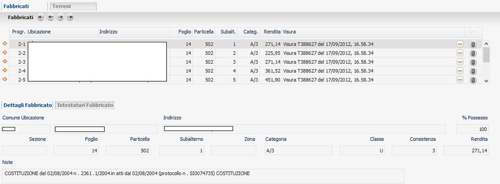 P a g i n a 10 Diversamente dalla pagina precedenti, in questi elenchi sarà visibile anche il pulsante l immobile (o gli immobili se si seleziona la riga del terreno) dall archivio.