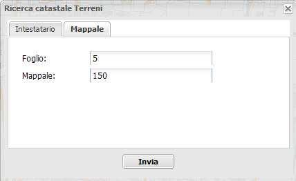Scegliere la sezione, il foglio e digitare il mappale ricercato. Premere il pulsante Invia.