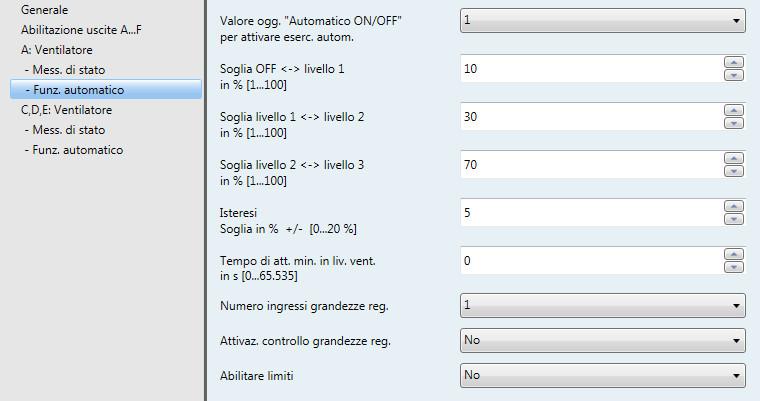 3.2.2.1.2 Finestra parametri - Funz. automatico (multilivello) In questa finestra parametri vengono definite le soglie per il cambio di livello del ventilatore.