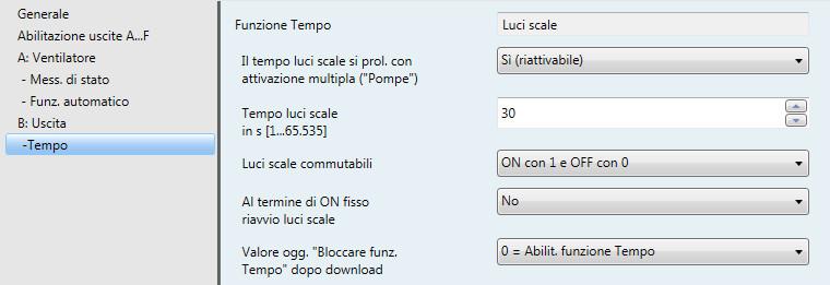 3.2.2.4.1 Finestra parametri B: Uscita - Tempo In questa finestra parametri si eseguono tutte le impostazioni per la funzione Tempo: Luci scale.