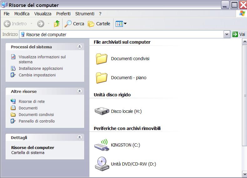 Risorse del computer Win 7: click su icona Windows Explorer sulla Barra delle Applicazioni Win XP: Per aprire Risorse del computer, fare click su Start e quindi fare click su