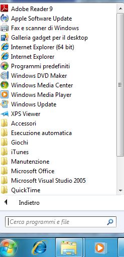 Programmi È l anima del menù Start, da qui l utente può eseguire tutte le applicazioni installate nel sistema.