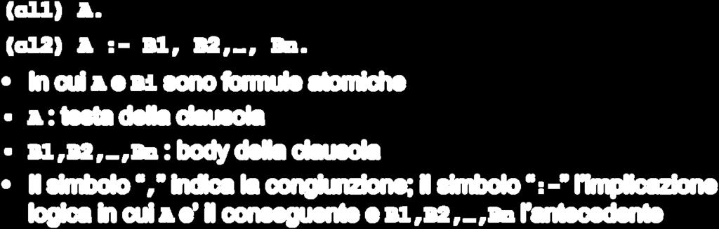 FATTO o ASSERZIONE (cl2) A :- B1, B2,, Bn.