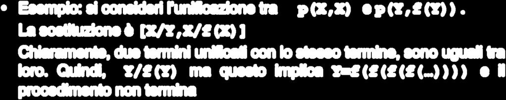 CORRETTEZZA: OCCUR CHECK L unificazione tra una variabile X e un termine composto S è molto delicata: infatti è importante controllare che il termine composto S non contenga la variabile da unificare