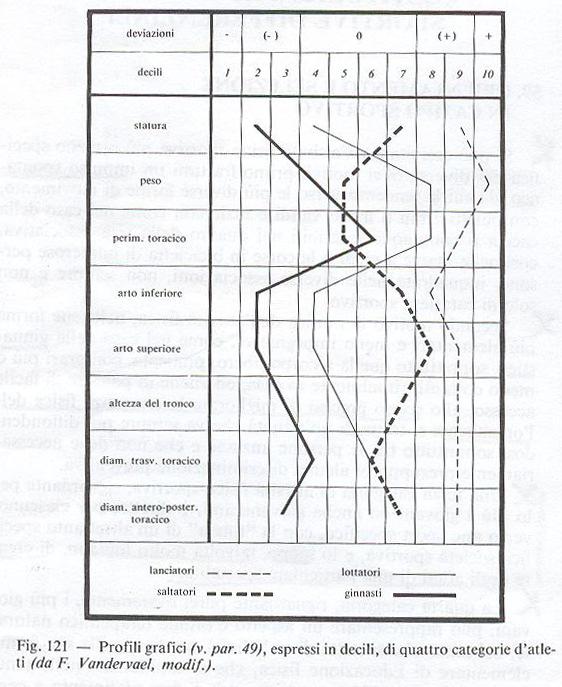 ANTROPOMETROGRAMMI (per la selezione in campo sportivo) relativi alle medie misure qualificanti ottenute da vari campioni di sportivi professionisti, con riferimento a grafici generali corrispondenti