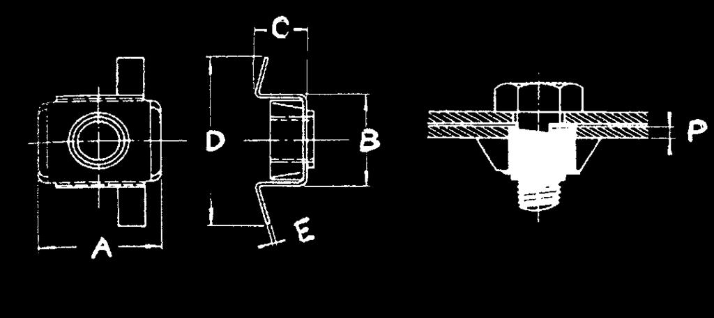 vite φ P = spessore lamiera - sheet thickness riferimento - reference dimensioni - dimensions A B C D E foro rettangolare rectangular hole ± 0,2-0,7-0, 0,9-1 1,2-1,3 1,5-1,6 1,7-1, 2,0-2,1 45-A 45-B