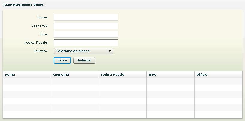 2.9.3 Amministrazione Utenti La sezione di Amministrazione Utenti (Figura 28) utenti mostra una form di ricerca degli enti registrati.