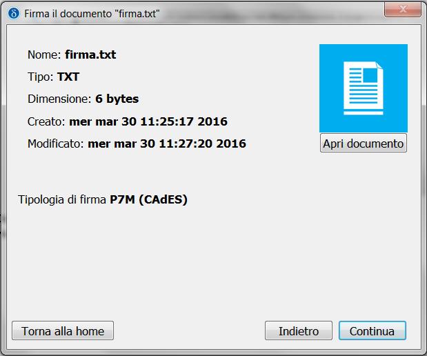 c. Dopo aver scelto il FILE, ad esempio firma.txt, la schermata si chiude automaticamente si visualizzerà la seguente schermata, e premere Continua d.