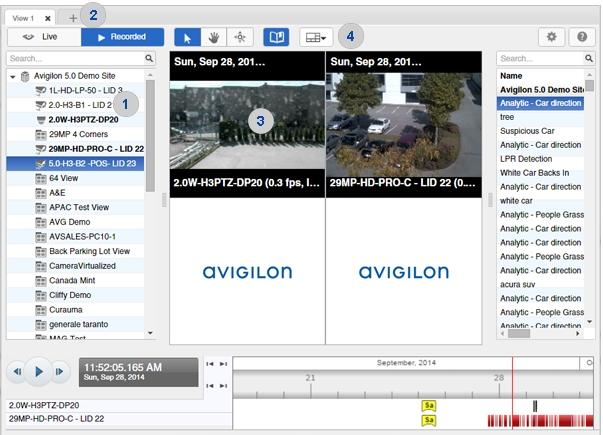 Figura 1: Finestra dell'applicazione Gateway Web Client AvigilonControl Center. Funzini della finestra dell'applicazione Area Descrizione Mostra tutti gli elementi del sistema di sorveglianza.