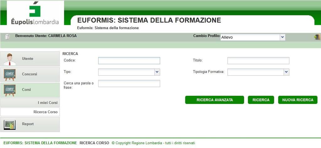 CORSI Nella sezione Corso l utente avrà la possibilità di consultare i corsi a cui è iscritto o di ricercare i corsi disponibili per iscriversi.