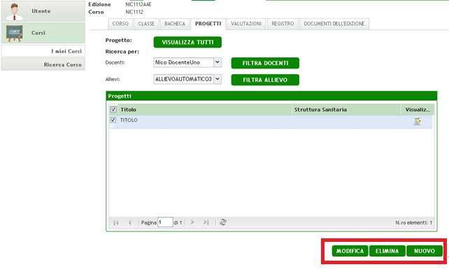 I Tutor d aula possono eliminare, modificare e inserire nuovi progetti: Figura 51- Pagina Corso: Progetti per profilo Tutor Mediante i tasti Nuovo e Modifica il tutor accede alla schermata di
