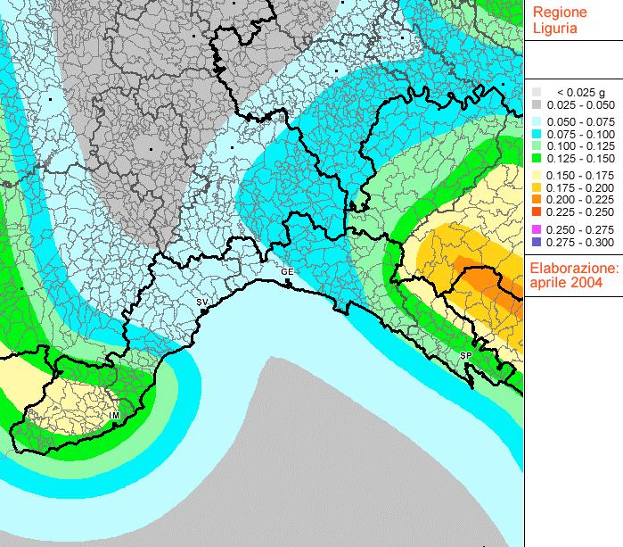 Figura 8: Mappa della pericolosità sismica relativa al territorio della Liguria in cui si riporta il valore di PGA con la probabilità del 10% di essere ecceduto in 50 anni (INGV elaborazione Aprile