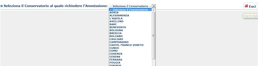 "Inserimento domanda di ammissione", selezionare dal menu a tendina l'istituzione a cui si intende inoltrare la domanda di ammissione. Inserire i dati richiesti nei relativi campi di testo.