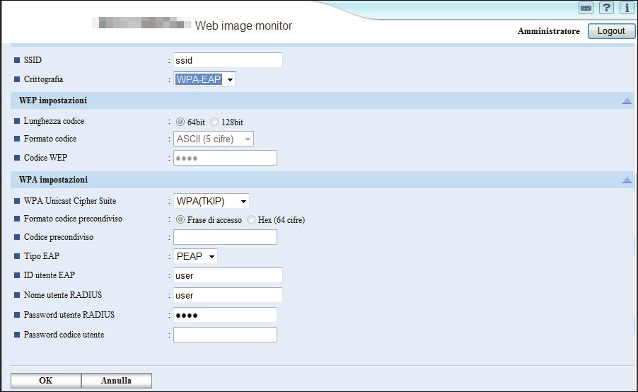 Se il metodo di sicurezza è WPA-EAP 1 2 3 4 5 CHV652 1. Inserire il nome rete del punto di accesso. 2. Selezionare [WPA-EAP]. 3. Selezionare [WPA(TKIP)], [WPA(AES)], o [WPA2(AES)]. 4. Selezionare il protocollo EAP che si vuole utilizzare.