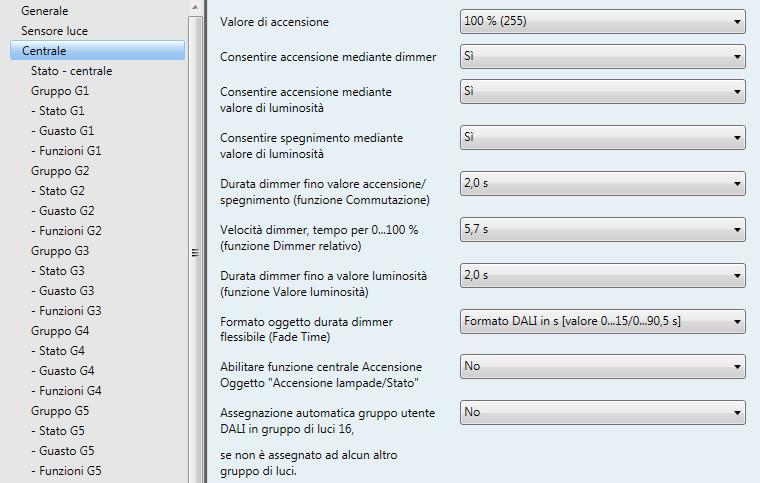 ABB i-bus KNX 3.2.3 Finestra parametri Centrale Nella finestra parametri Centrale vengono parametrizzate le impostazioni per il controllo simultaneo di tutti i gruppi di luci.