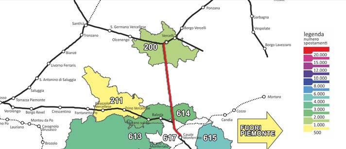 Casale Mappa della mobilità motorizzata in origine e destinazione (sono indicate le relazioni con più di 500 spostamenti/giorno) La mobilità motorizzata che interessa Vercelli è pari a circa 77.