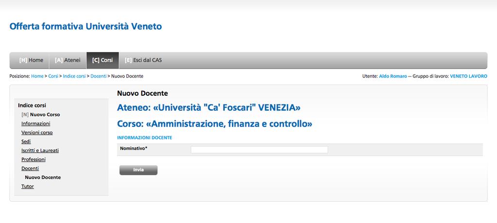 Il funzionamento di ognuna di queste voci è simile alle altre pagine gestionali: ad esempio per l'inserimento di un nuovo docente sarà