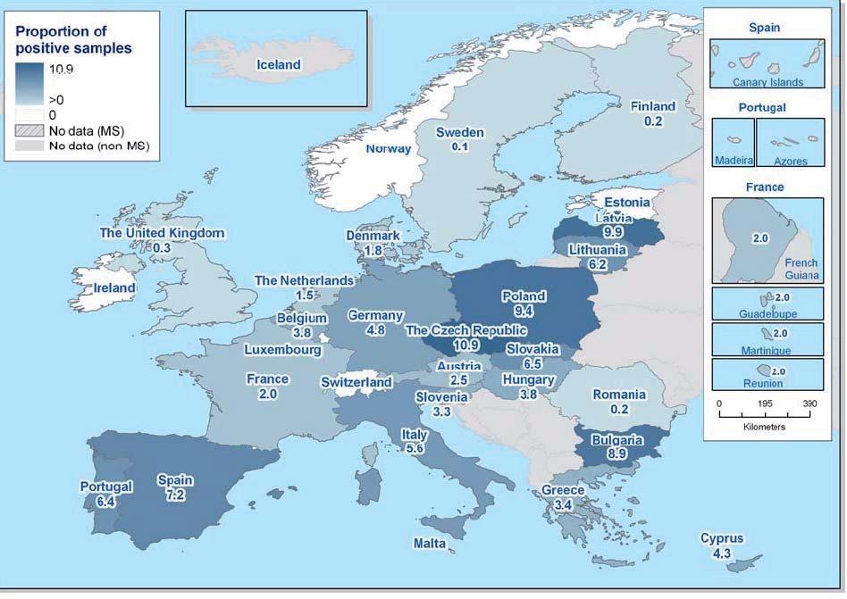 Figura 5 - Prevalenza dei 2 sierotipi target in galline ovaiole nel 2009 in Europa. Anno 2008 TAB. 7 - SALMONELLA NELLE GALLINE OVAIOLE (dati EFSA 2009) (tutti i sierotipi) (2 sierotipi S.E./S.T.) per S.