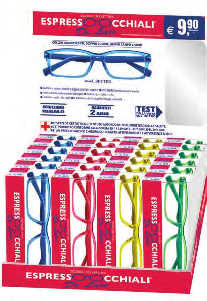 BETTER: n 24 occhiali, in 4 colori, diottrie assortite da +1,00 a +3,50. Montatura: unisex, in leggero materiale organico iniettato. Aste: flessibili con meccanismo a molla.
