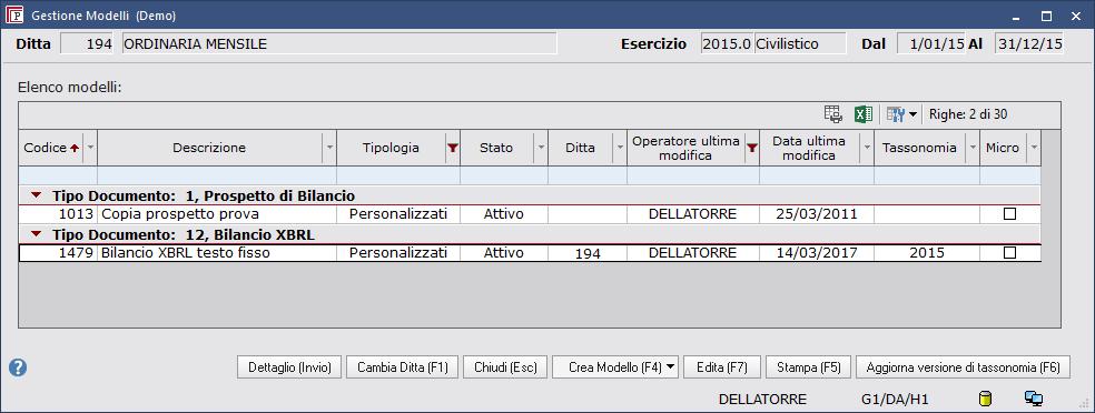 Il modello sarà ora presente in elenco, con la tassonomia 2015: Occorre utilizzare il pulsante