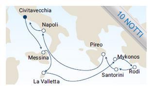 Porto di Imbarco Civitavecchia 10 NOTTI Civitavecchia - Messina- La Valletta Mykonos - Rodi - Santorini - Pireo - Napoli Civitavecchia.