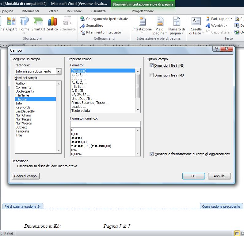 42 AM3 Elaborazione testi livello avanzato Figura 3.44 Finestra di dialogo Campo - FileSize. AM3.3.1.2 Inserire il codice di campo formula Somma in una tabella.