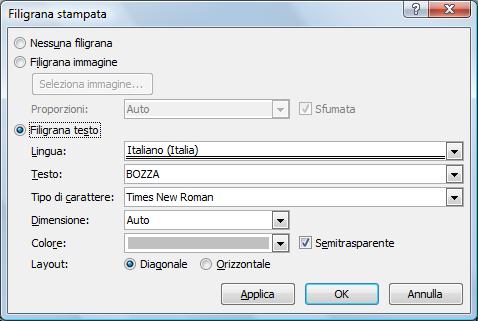 Le filigrane sono elementi costituiti da immagini e testo che vengono visualizzati dietro il testo del documento, senza interferire con lo stesso.