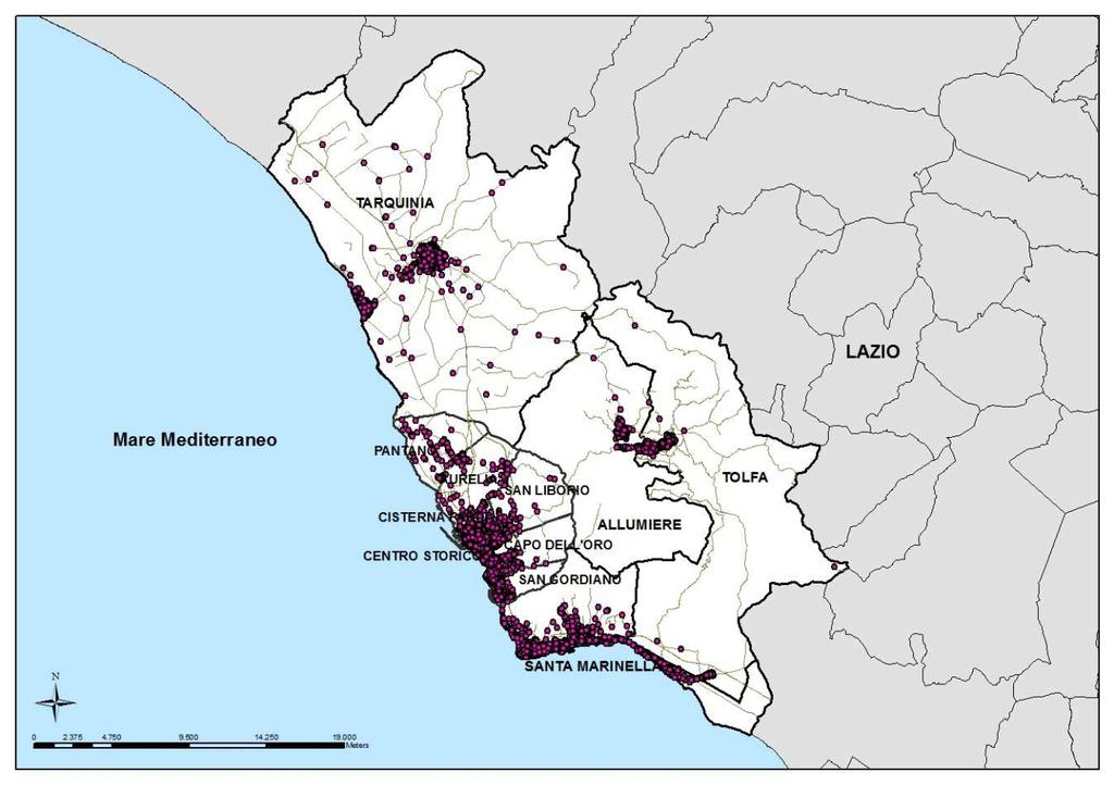 Figura 11 Distribuzione geografica della coorte dei residenti nel comprensorio di Civitavecchia.