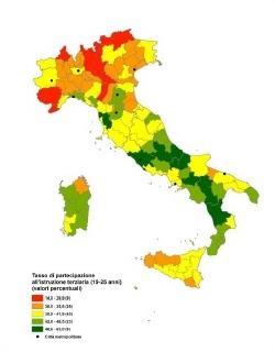 asso di occupazione giovanile inferiore alla media nelle province del Sud e Isole e superiore nelle province del Centro-Nord