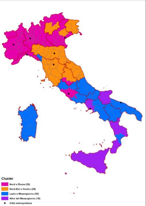 Distribuzione delle province e delle città metropolitane nei gruppi La cluster analysis ha consentito di individuare quattro gruppi di diversa numerosità e distribuzione territoriale.