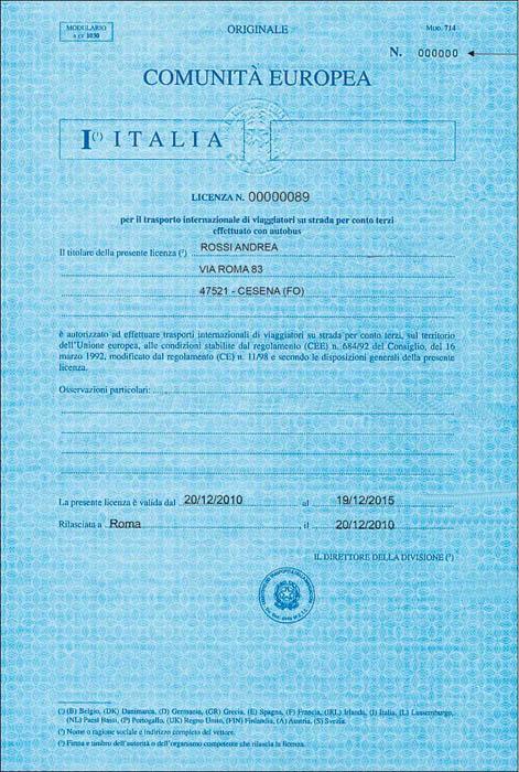 Trasporto internazionale di persone in ambito UE Licenza Comunitaria INTESTATA AD UNA SOLA IMPRESA RILASCIATA DAL M.I.T. VALIDITA 5 ANNI NON E CEDIBILE A TERZI RILASCIATA IN UNICO ORIGINALE