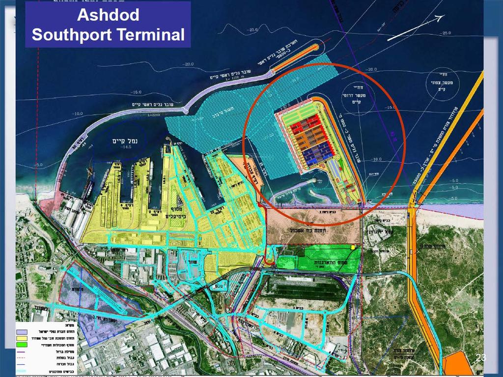 Ashdod Southport Terminal Contractor: la cinese Pan Mediterranean Engineering Company (CHEC) Operational Target: Ottobre 2021 Operator: Dutch Terminal Investment (TIL) Durata della concessione: 24