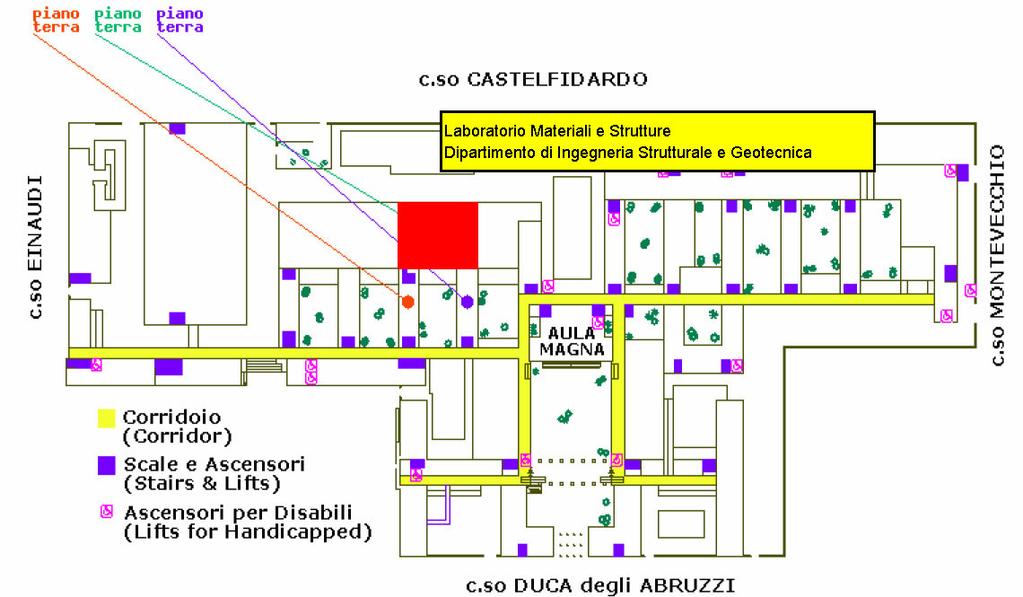 Politecnico di Torino Il Laboratorio è ubicato nei locali del Dipartimento di Ingegneria Strutturale e Geotecnica (di fronte al Bar Katia) ) e si estende su 1800 m 2 distribuiti su due piani.