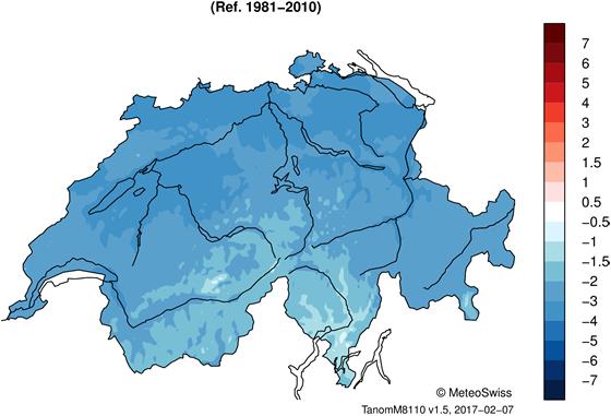 MeteoSvizzera Bollettino del clima gennaio 2017 5 Temperatura, precipitazioni e soleggiamento, gennaio 2017 Valori rilevati Deviazione dalla