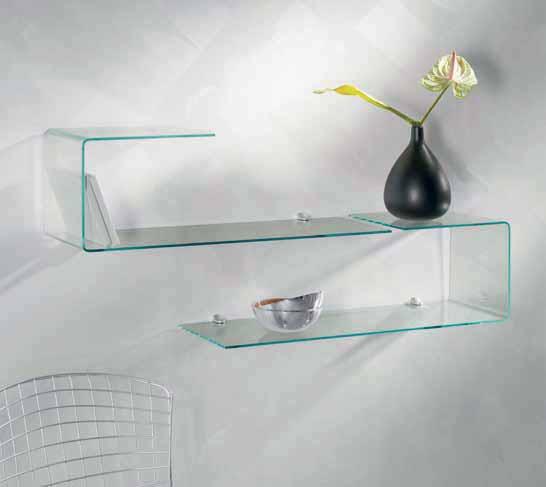 Shaped shelf made of clear tempered glass 6 mm thick, complete of aluminium shelf supports cm.