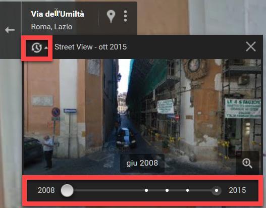 Immagini del passato In alcune zone è possibile anche vedere immagini del passato, cliccando sul simbolo dell orologio (vicino alla descrizione) e agendo sul