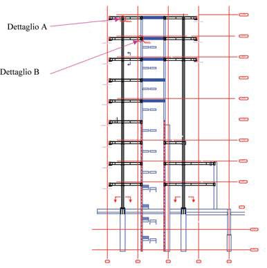 N li dell edificio, si nota che la colonna di destra rispetto al vano scala risulta molto alta in quanto in questa parte viene ad inserirsi nello spazio di tre impalcati consecutivi il ponte.