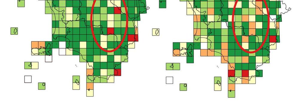 La cartina di sinistra, riportando il numero effettivo di specie potenzialmente mancanti in alcuni casi evidenzia una certa carenza in aree molto battute semplicemente perchè negli anni passati vi è