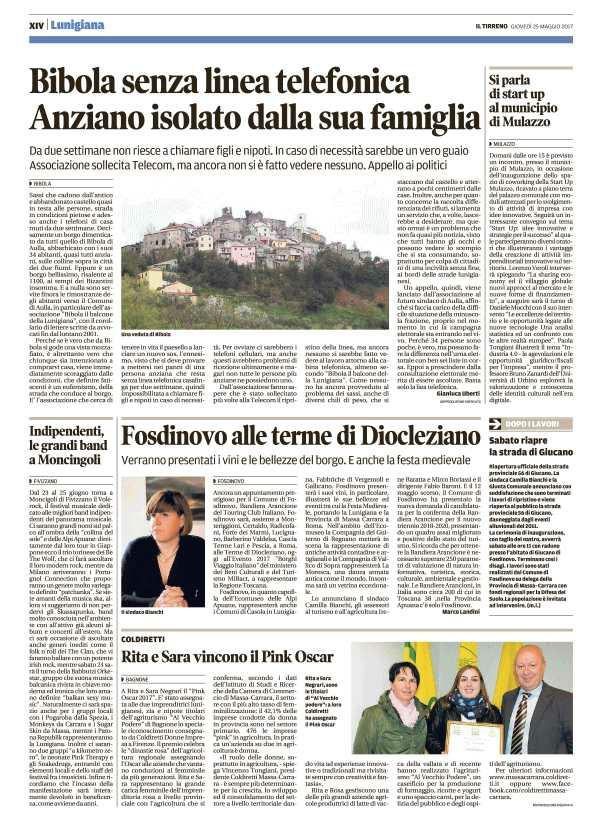 25 maggio 2017 Pagina 34 Il Tirreno (ed. Massa Carrara) Fosdinovo alle terme di Diocleziano Verranno presentati i vini e le bellezze del borgo.