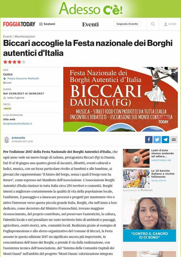 25 maggio 2017 Foggia Today Biccari accoglie la Festa nazionale dei Borghi autentici d' Italia Per l' edizione 2017 della Festa Nazionale dei Borghi Autentici d' Italia, che ogni anno vede un nuovo