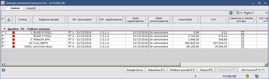 La videata è composta da due TAB: Cessioni ed Acquisti Il programma presenta tutti i movimenti IVA che abbiano un codice IVA: imponibile, non imponibile, esente, plafond.