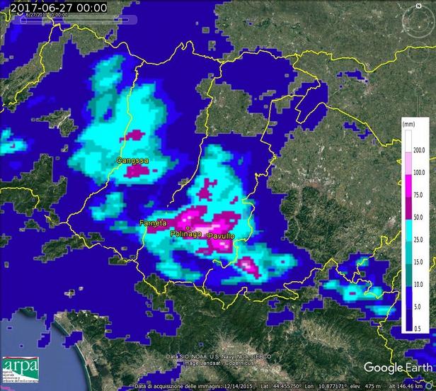 Figura 10: Precipitazioni rilevate da radar cumulate sulle 24 ore del giorno 26/6/2017 (in alto) e cumulate orarie da