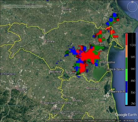 probabilità di grandine da radar di San Pietro Capofiume alle 11:40 UTC (in alto a destra) e alle 12:40 UTC (in basso a