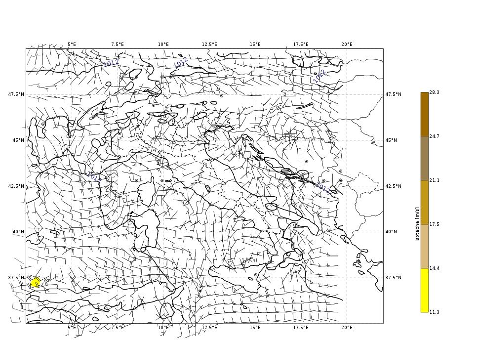 Figura 5: Mappa di analisi di vento a 10 m e pressione al