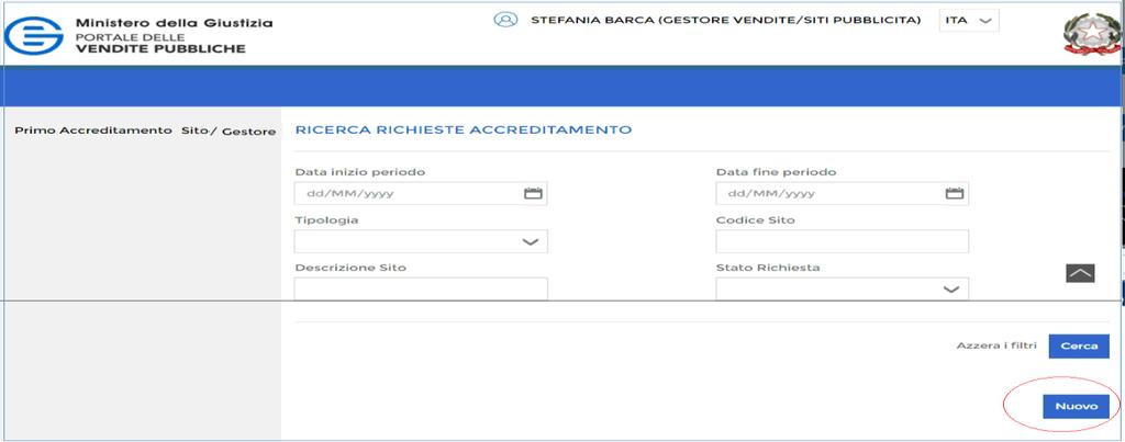 Nel menu a sinistra selezionare la voce Primo accreditamento.