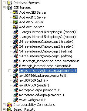 - click su Finish In ArcCatalog compare una nuova connessione all interno della voce GIS Servers : La connessione puo essere rinominata